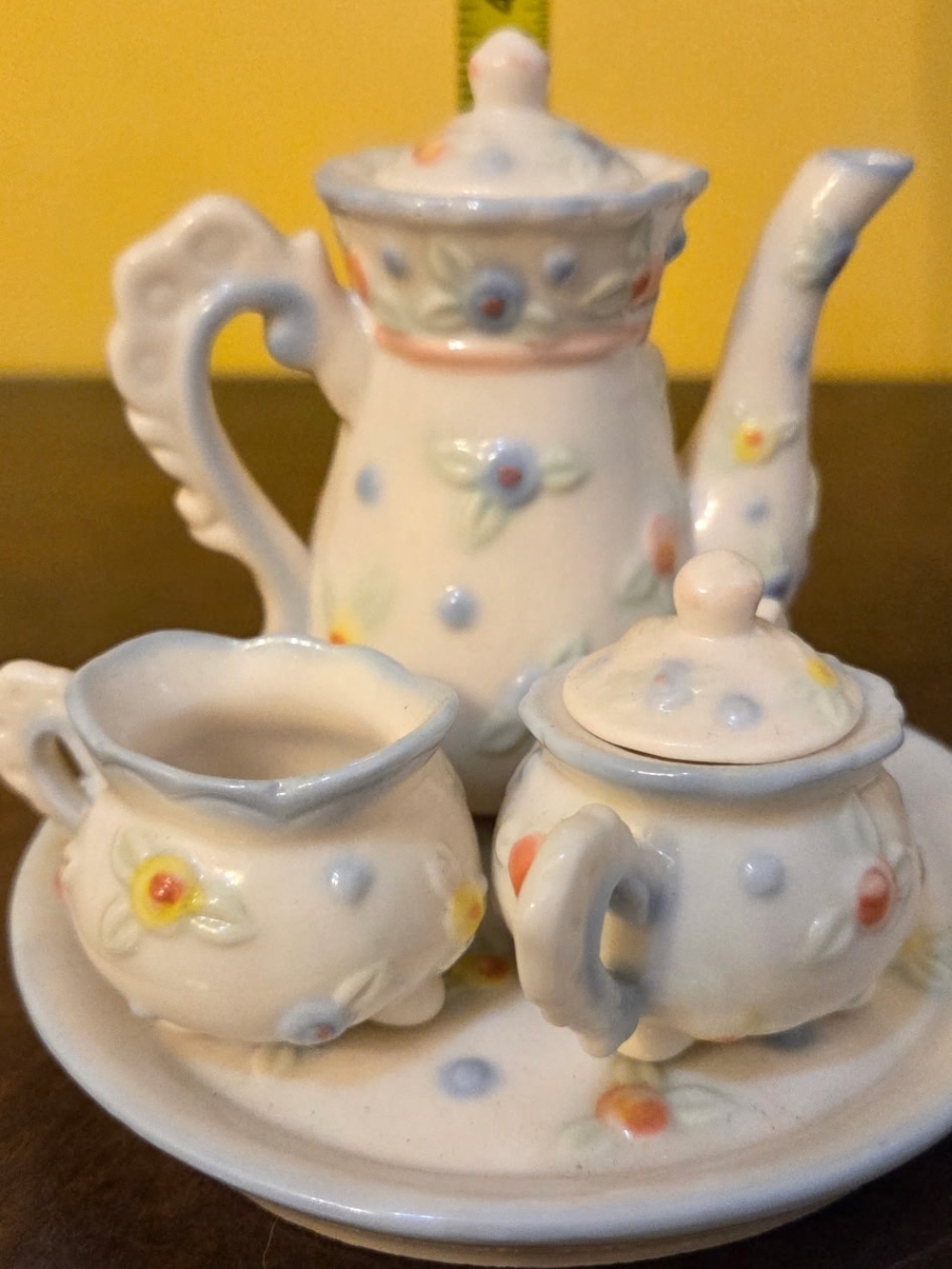 Miniature Porcelain Tea Set with Pastel Floral Accents - Picture 3 of 5